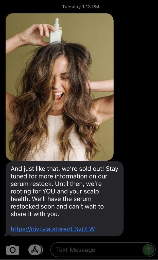 Screenshot of SMS marketing examples from Divi, showing a picture of a woman applying a hair care product and a link to an online store.