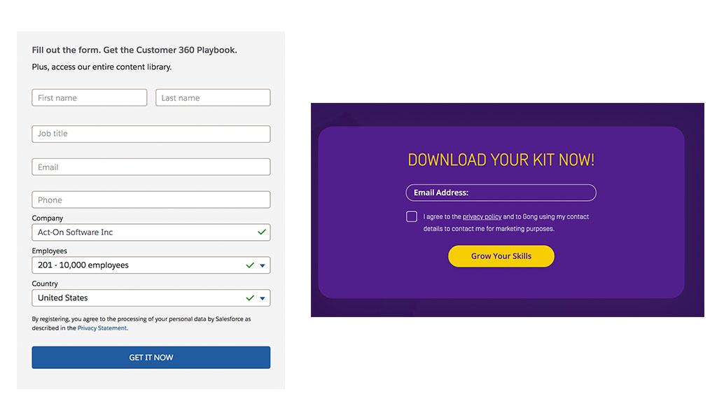 Examples of landing page forms