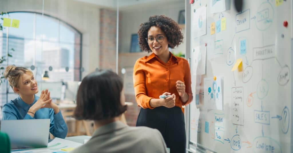 a professional leads a brainstorm meeting at a whiteboard calculating marketing automation ROI.