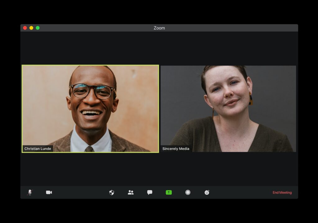 Benefits of video marketing: A Zoom video screenshot shows two people in a Q&A.