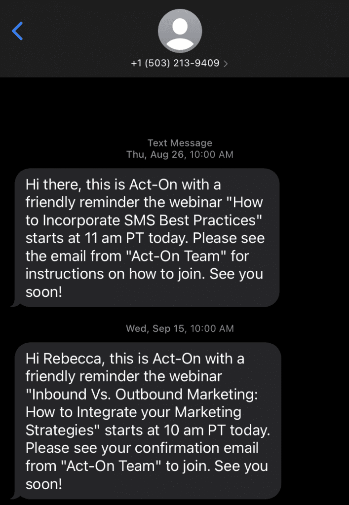 Screenshot of SMS marketing examples from Act-On, showing a webinar registration reminder.