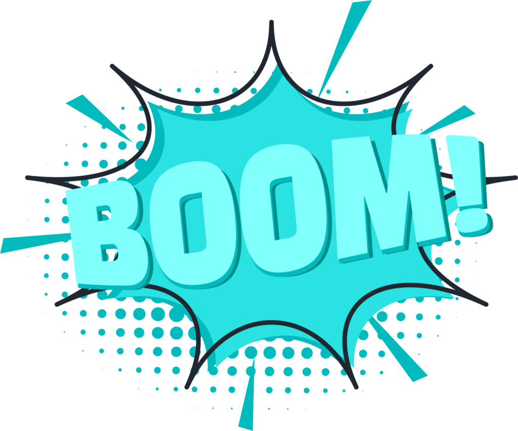 A cartoon BOOM! sound effect balloon in the style of a classic comic book