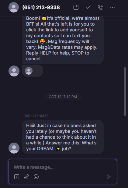 Screenshot of SMS marketing examples from Jenna Kutcher, showing a prompt for user-generated content.