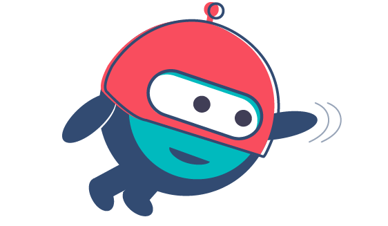 An Act-On alien mascot character in a superhero helmet, punching the air.