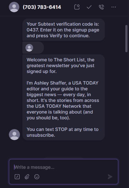 Screenshot of SMS marketing examples from USA Today with verification procedure and required STOP to unsubscribe message.