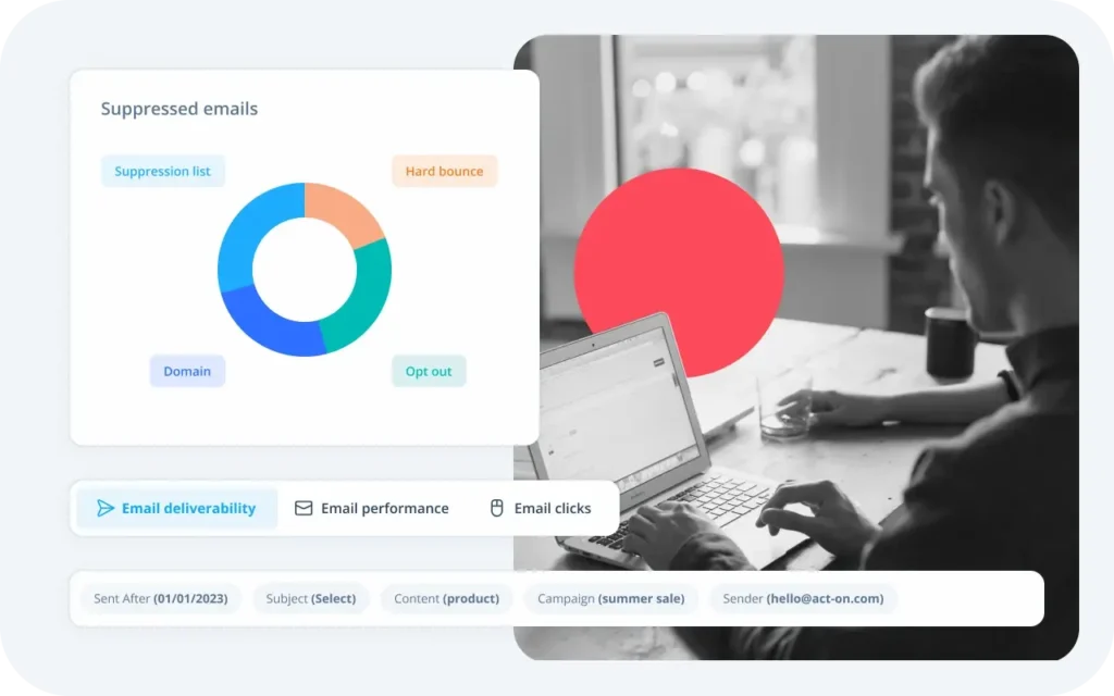 composite image: man in black and white uses marketing analytics software on a laptop, graphs and data are illustrated in collage style