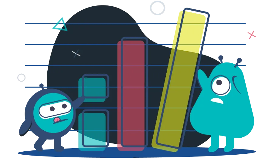 Two Act-On alien cartoon characters build a bar chart the size of them
